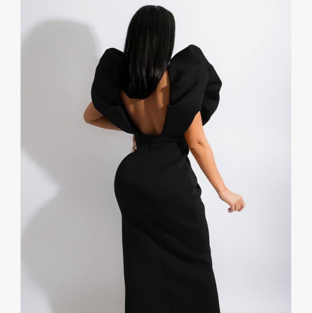 Black Puff Sleeve Backless Cocktail Gown